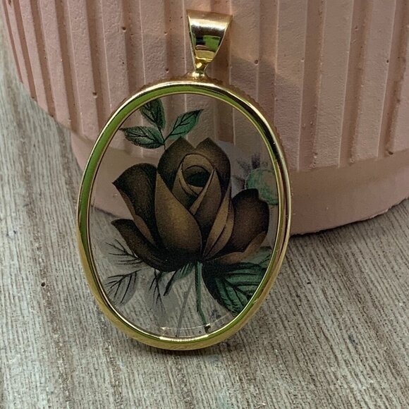 Monet Vintage Glass Brown Gold Tone Rose Pendant - Picture 1 of 10